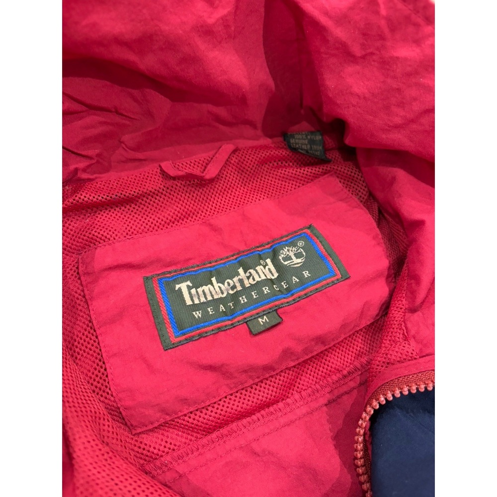 Vintage 90s Timberland Windbreaker Jacket Leather Trim Red Large Hooded - Picture 4 of 9